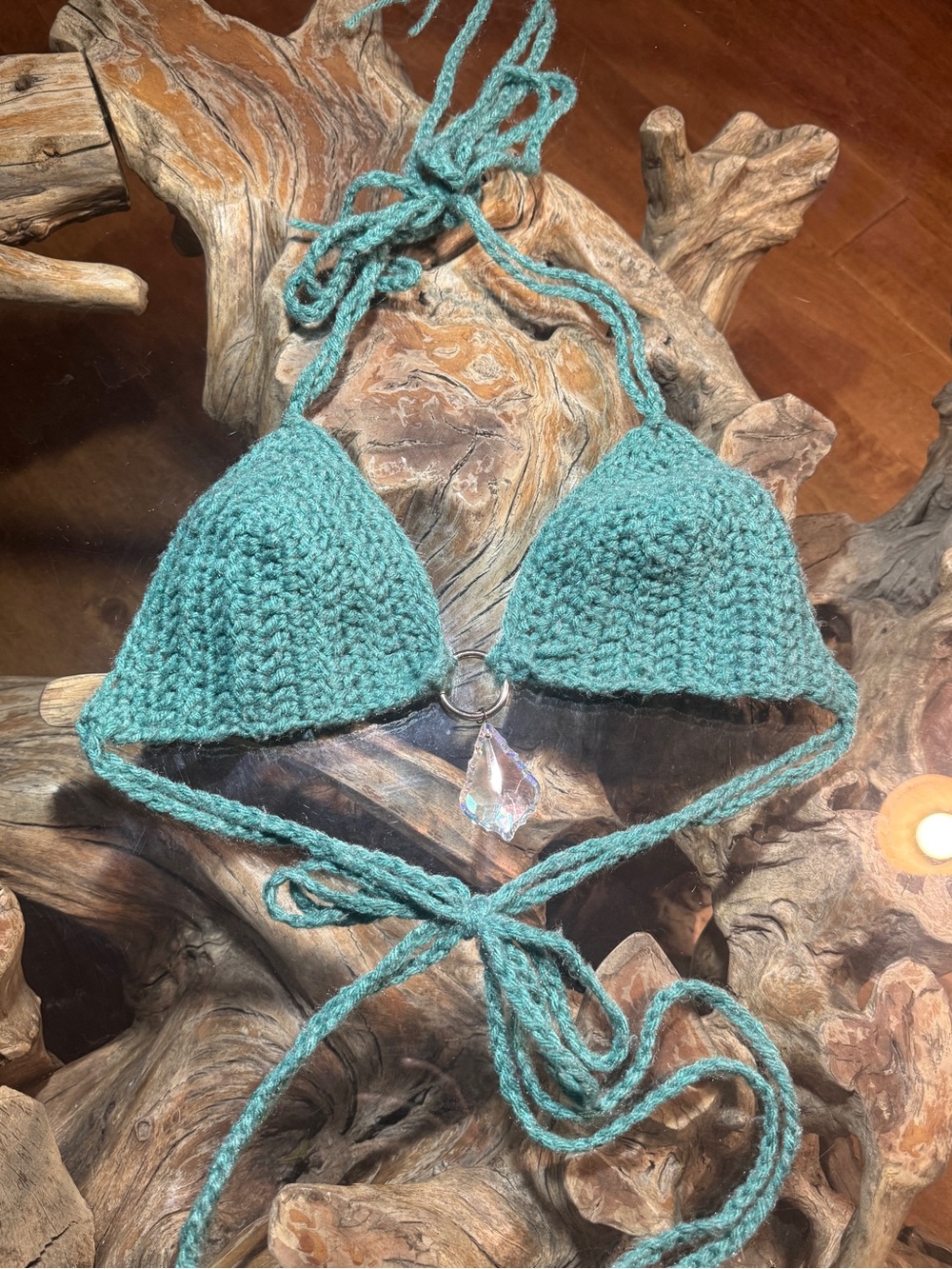 Handmade Teal Crochet Triangle Top with Crystal Accent